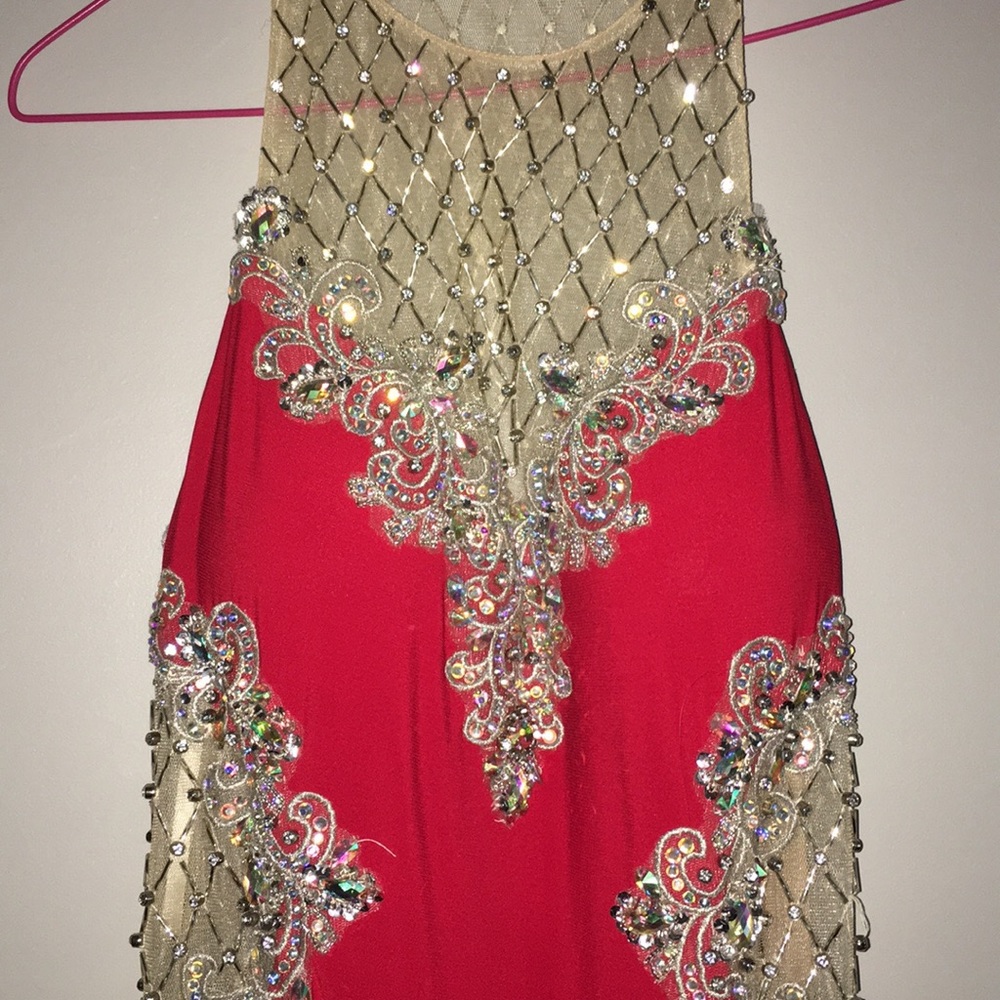 Long red prom dress beautiful open back slit down the side, has a train